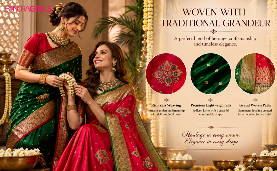 Womens Banarasi Kanjivaram Art Silk Saree with Blouse Material